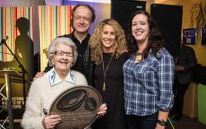 Maureen Grant, Kim O'Callaghan and Noelle Fox from the Olympia Theatre accepting the Hot Press Live Music Venue of the Year Award 2015 from Niall Stokes.