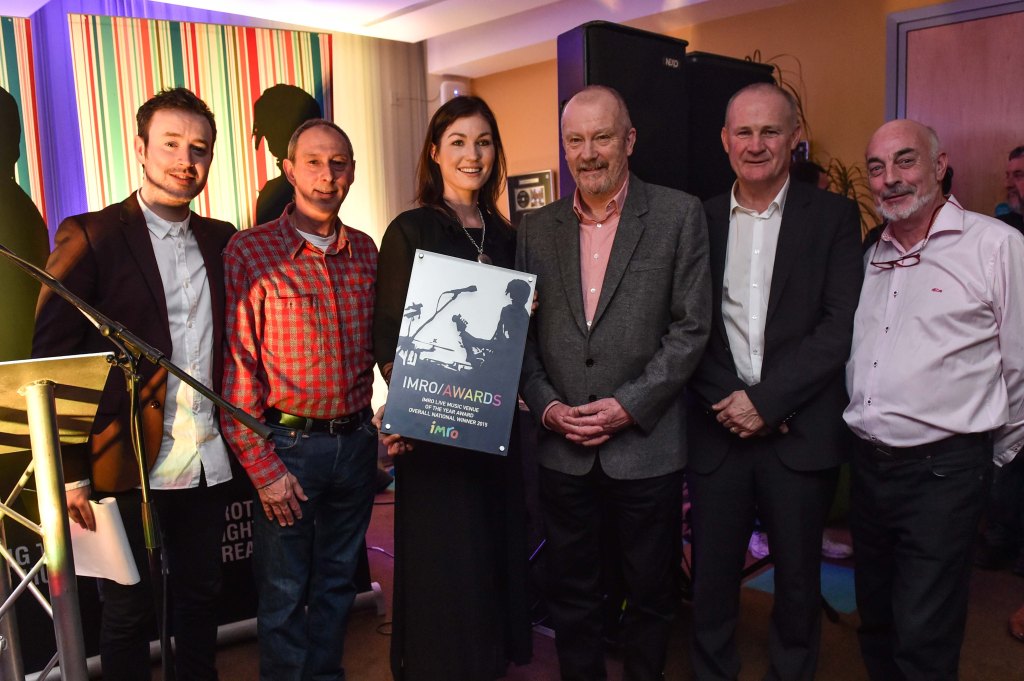 Andrea Keogh accepting the IMRO Live Music Venue 2015 Award on behalf of The Set Theatre, Kilkenny with Paddy McKenna, Steve Lindsey, Keith Donald, Victor Finn and Johnny Lappin.