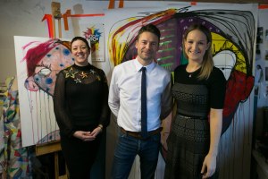 Emma Sheridan; First Fortnight co-founder David Keegan; and Minister of State for Mental Health & Older People Helen McEntee in artist Emma Sheridan's studio.